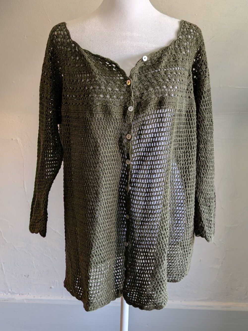 vintage eddie bauer 90s green crochet cardigan (1x)